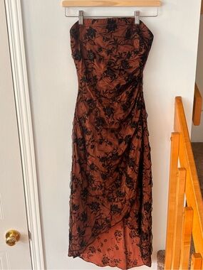 Strapless Burnt Orange Floral Lace Evening Dress